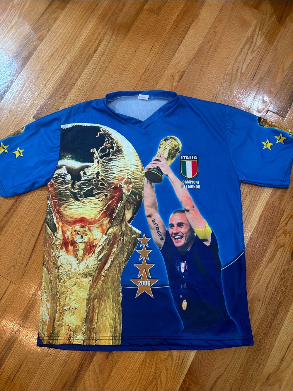 Blue Italy World Cup Graphic Tee with Trophy Print